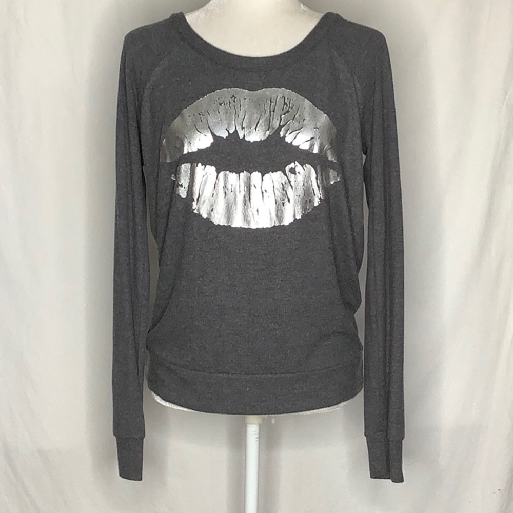 Chaser Gray Silver Metallic Lips Open Cowl Back Sweatshirt Size S